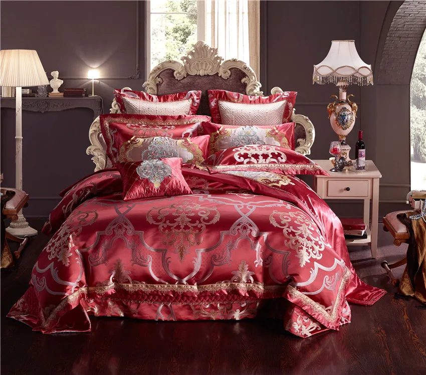 

Red color Chinese Luxury Cotton Satin Jacquard Bedding Set Queen King size Bedding Set Bed Sheet/Spread Set Duvet Cover Pillow