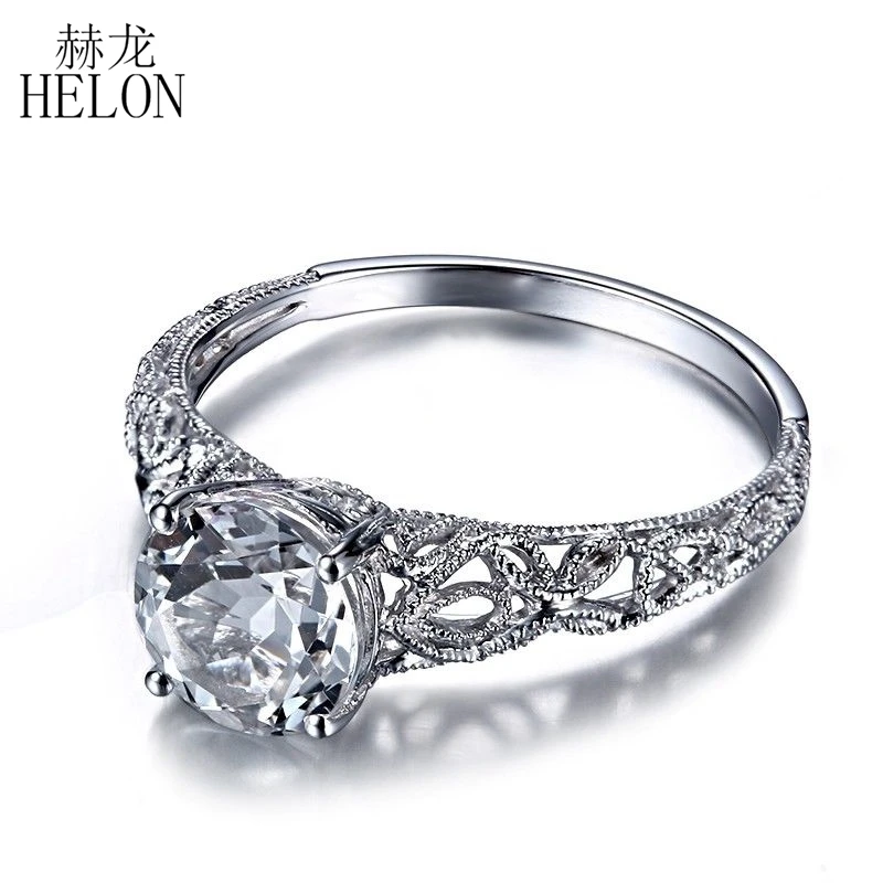 

HELON 1.51ct Round 8mm 100% Genuine White Topaz Gemstone Engagement Wedding Solid 14k White Gold Vintage Antique Graceful Ring