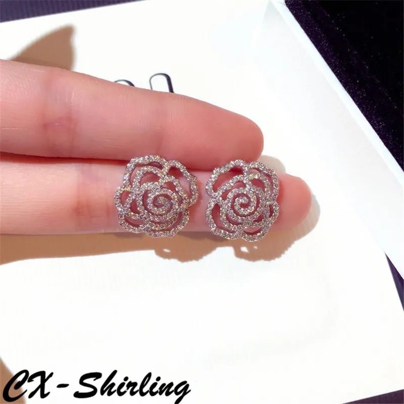 

CX-Shirling S925 Silver Pin Earring Elegant Full Crystal Flower Stud Earrings Women Quality Anti-Allergy Silver Earring