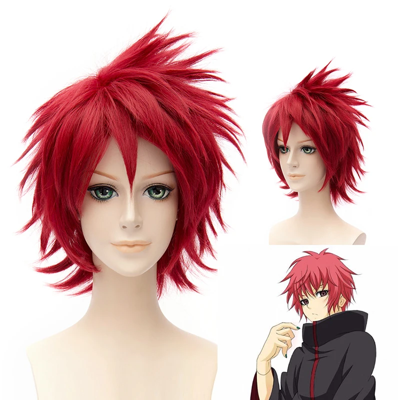 

Anime NARUTO Akatsuki Sasori Cosplay Accessorie Wig Akasuna no Sasori Men Women Wine Red Fluffy Short Hair Wigs + Wig Cap