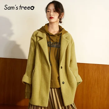 

Samstree Yellow Solid Minimalist Style Women Coats 2019 Winter Single Button Pure Korea Loose Casual Female Blends Coats