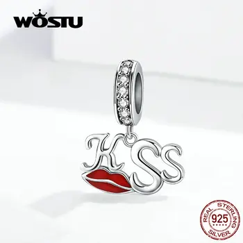 

WOSTU 100% 925 Sterling Silver KISS Lips Dangle Charm Beads Fit Original Bracelet Pendant Fashion Wedding Jewelry Gift FIC1237