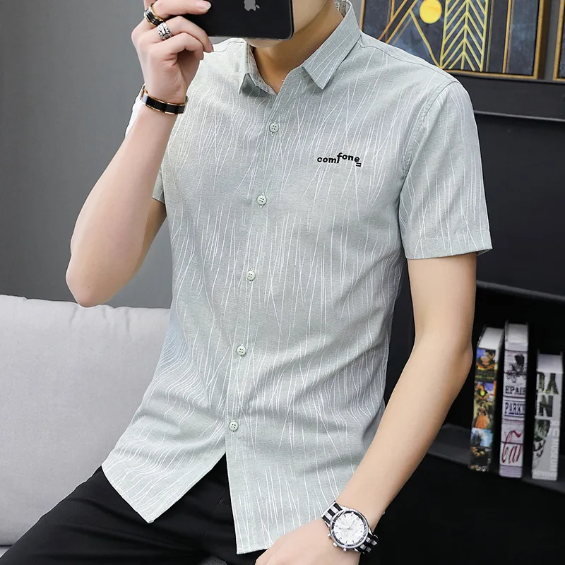 

CHUQING 2019 Summer New Short-sleeved Shirt Men's Printing Korean Slim Short-sleeved Shirt