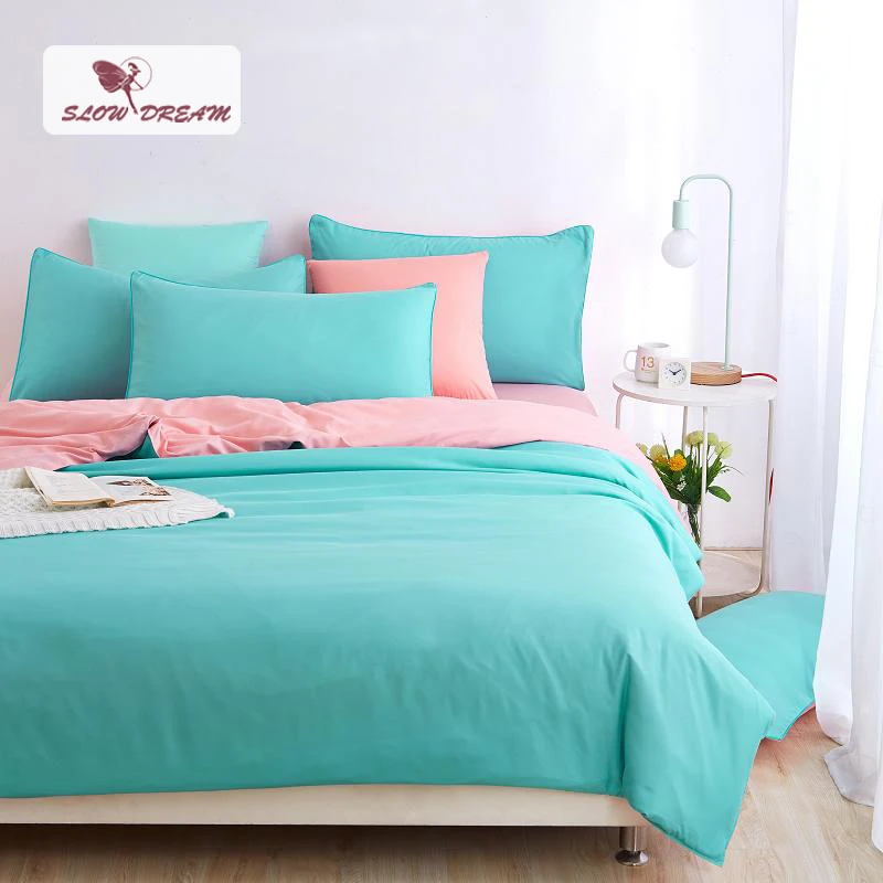 

SlowDream Green And Pink Bedding Set Double Queen Single Bed Linen Japan Style Solid Color Pillowcase Flat Sheet Duvet Cover Set