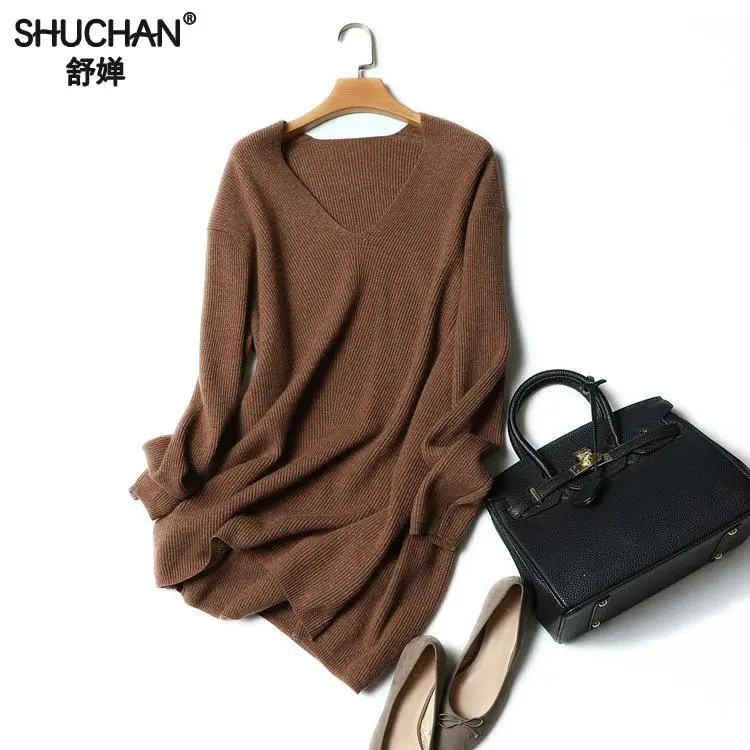 

SHUCAHN Cashmere Sweaters For Women Women Long Sleeve Sweater Female V-neck Sueters Mujer Invierno Manga Larga 17468