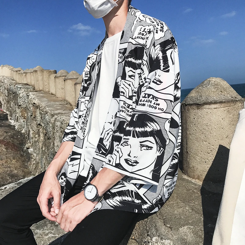 Open Stitch Kimono Jacket Men 2018 Summer Full Print Men's Jacket Three Quarter Sleeve Thin Style Mens Clothing