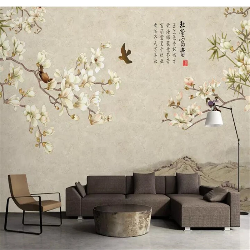 

wellyu Custom wallpaper papel de parede New Chinese marbled hand-painted magnolia bird TV background wall behang tapety