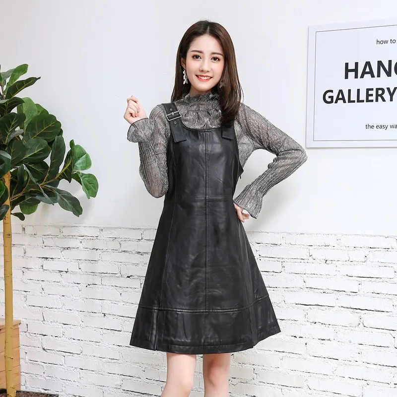 Casual Spaghetti Strap Women Genuine Leather Dress Luxury Sheepskin  Sleeveless Black Red Slim Sexy A-Line Leather Dress - AliExpress 200000345