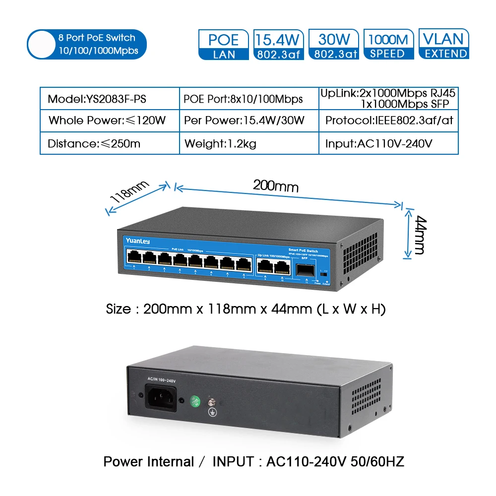 Коммутатор YuanLey с 8 портами PoE, 2 канала связи Gigabit Ethernet, 1 порт SFP, 120 Вт 802.3af/at, безвентиляторный Неуправляемый коммутатор Plug& Play PoE