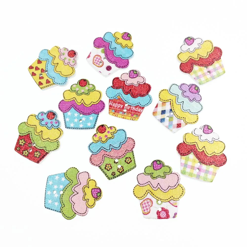 

50Pieces Kawaii Cake Wooden Buttons For Clothing Scrapbooking Accessories Decorative Button Craft Sewing Supplies Botao 22*25mm