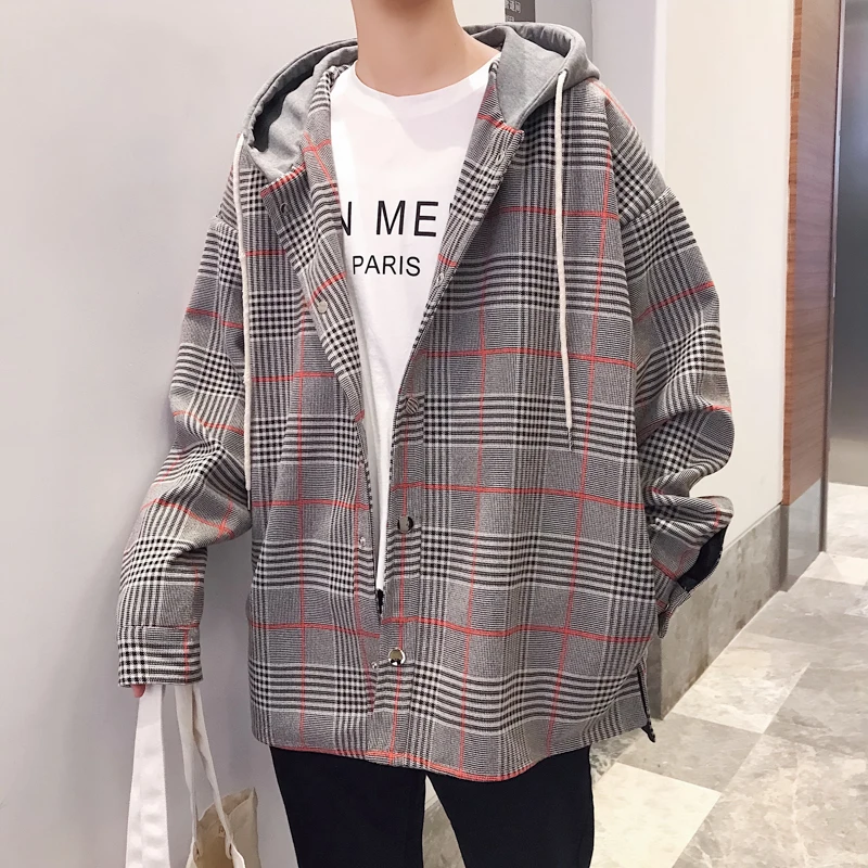 

2018 autumn Recommend The New listing Korean version Hats Split Joint Lattice Loose Coat Leisure Jacket Fashion Gray size M-2XL