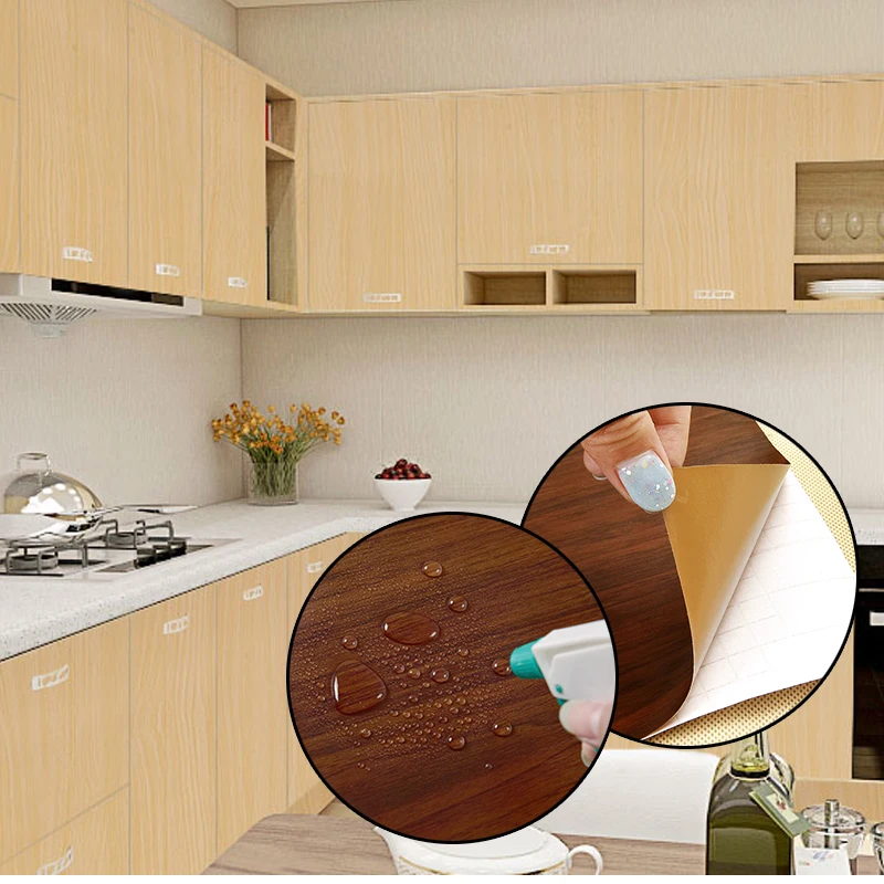 5M/10M Waterproof PVC Vinyl Wood Grain Self Adhesive Wallpaper Kitchen Wardrobe Cabinet Furniture Renovation Door Wall Stickers