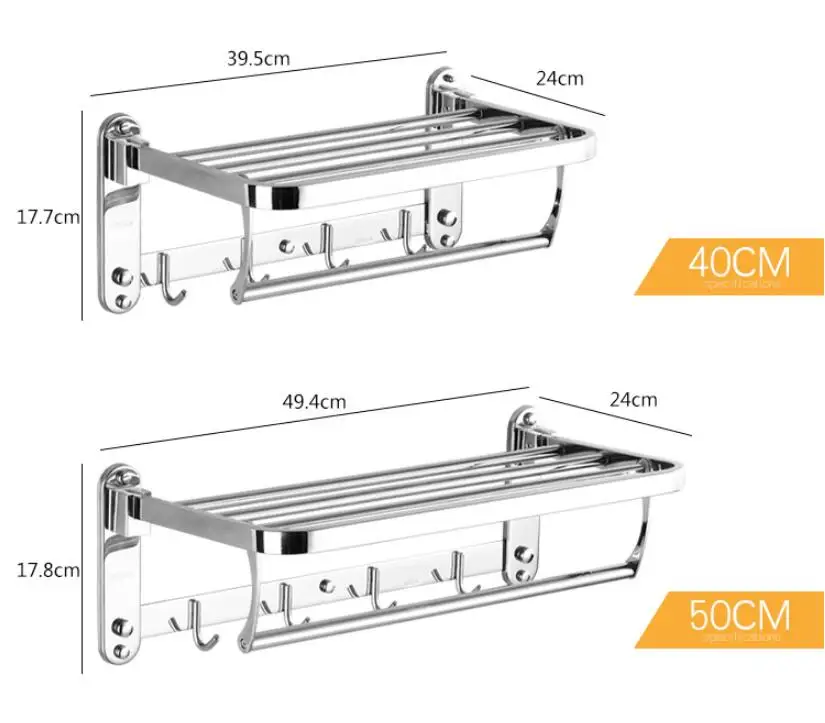 Ванная комната Полотенца вешалка для полотенец с крючками 40/50/60 см Полотенца вешалка 304 Нержавеющая сталь складной фиксированной банное полотенце Полотенца держатель сушитель для полотенец