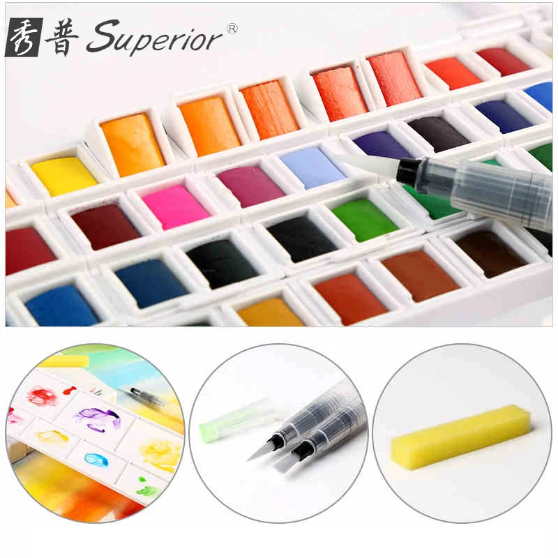 

Superior Watercolor Paint With Paintbrush 12/18/24/30/36/40/48 Colors For Color Paints Drawing Paint Watercolors Art Supplies