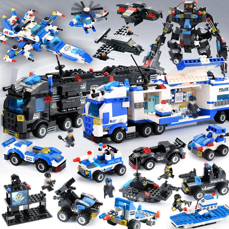 City Police Compatible LegoINGly City Blocks 8 in 1/6 In 1 Robot Helicopter Police Staction Building Blocks DIY Bricks Kids Toys