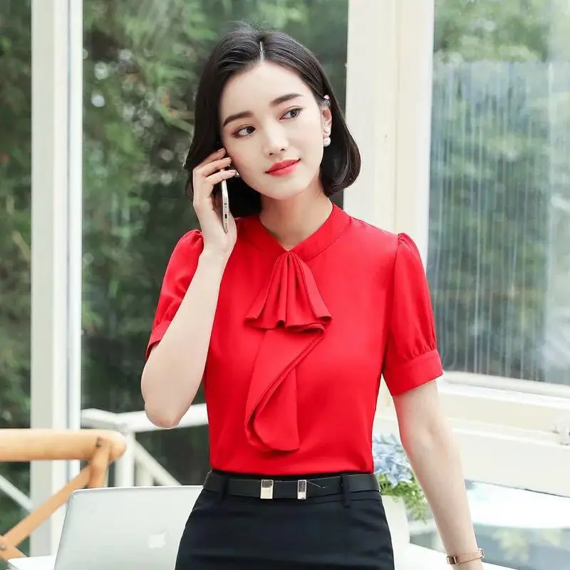 Casual OL Career Bow Womens Shirt Short Sleeve Formal Slim Elegant Business Blouse Office Ladies
