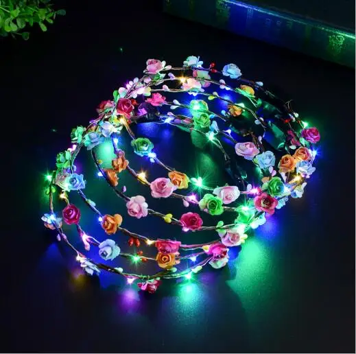 

Flashing LED Glow Flower Crown Headbands Light Party Rave Floral Hair Garland Wreath Wedding Flower Girl Headpiece Decor 100pcs