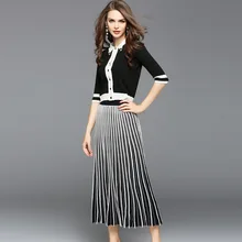 Elastic knit single breasted shirt and mid calf pleated skirts 2 piece suits 2017 new brand