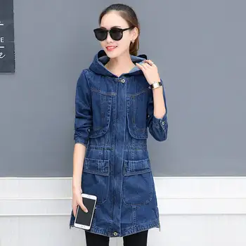

Plus Size Loose Long Denim Jacket Hooded Windbreaker 2020 Autumn New Fashion Long Sleeve Jeans Jacket Women Big Pockets Outwear