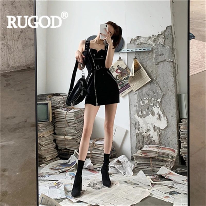 RUGOD женское мини-платье на тонких бретелях с квадратным воротником из кусков на молнии, прямое однотонное платье с высокой талией и в клетку, новая мода