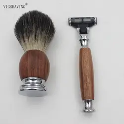 Vigshaving Роскошный Черный барсук Для мужчин деревянной ручкой Кисточки для бритья и Бритвы комплект