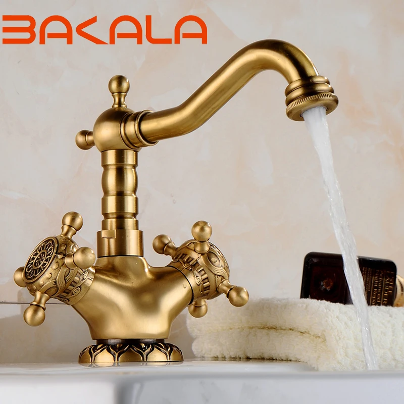 

BAKALA Basin Faucets Brass Antique Deck Mounted Kitchen Bathroom Sink Faucets Dual Handle Vintage Carving Hot Cold Mixer Tap