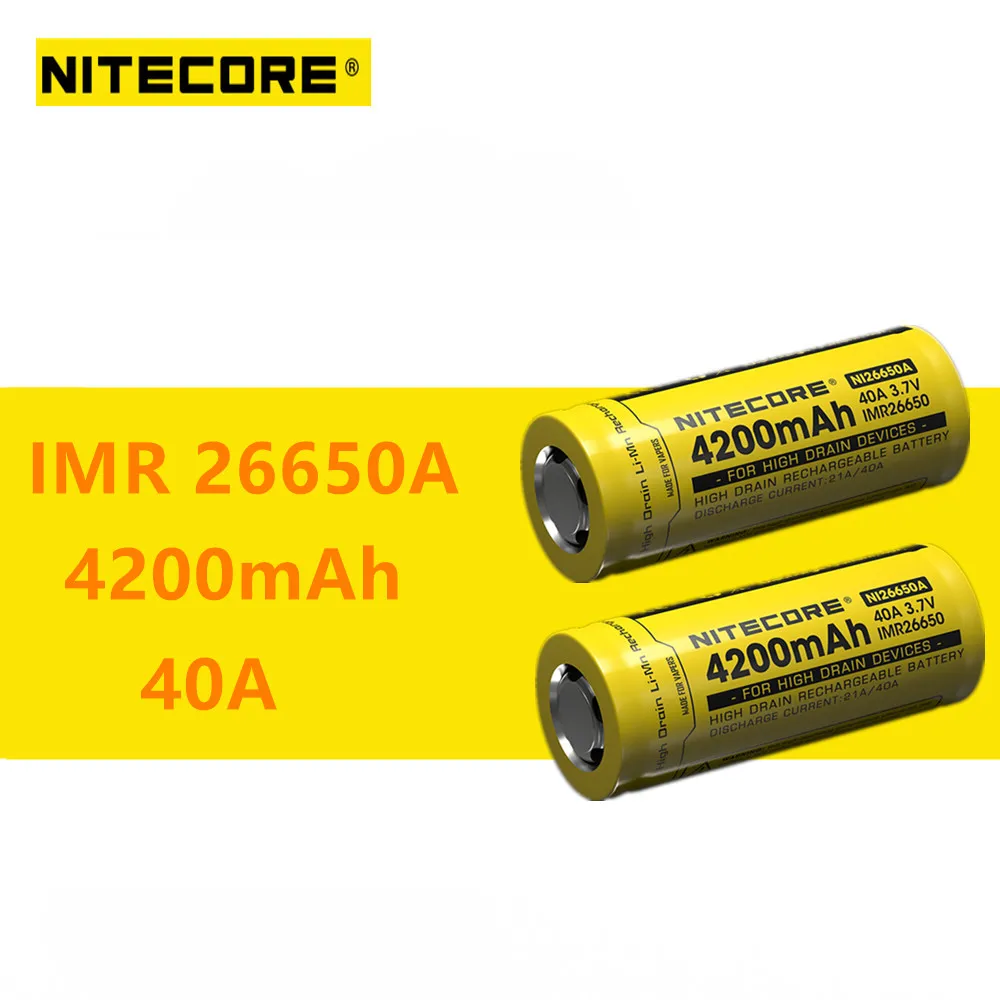 

2pcs Nitecore IMR26650A IMR 26650A 4200mAh 40A High Drain Rechargeable Battery Ideal for Vaping Devices