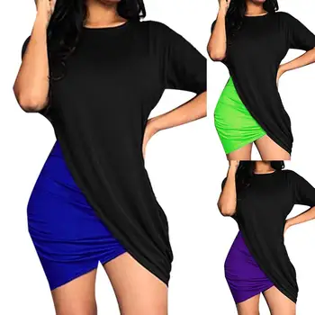 

New Summer Women Color Block Short Sleeve Irregular Cross Hem Bodycon Mini Dress