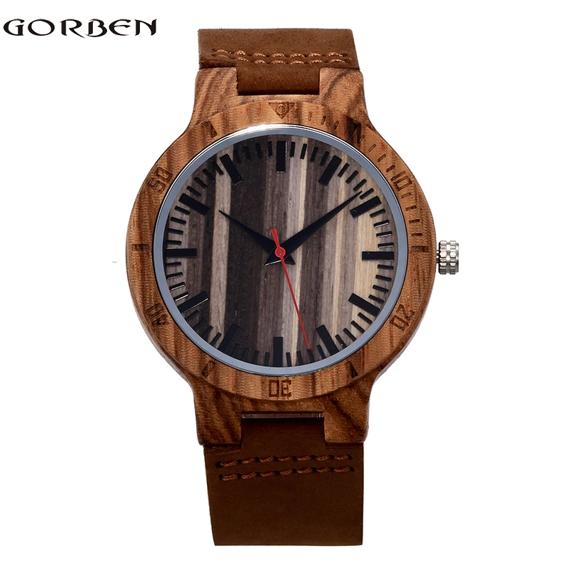 

Men Watches Classic Stripe Wooden Dial Unique Design Quartz Wood Wrist Watches with Brown Leather Band for Men Women