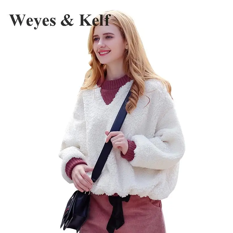 Weyes и кепф белый Свободные Водолазка Пуловеры для женщин зимнее пальто Для женщин 2018 мягкая фланель теплая Толстовка спортивный костюм с