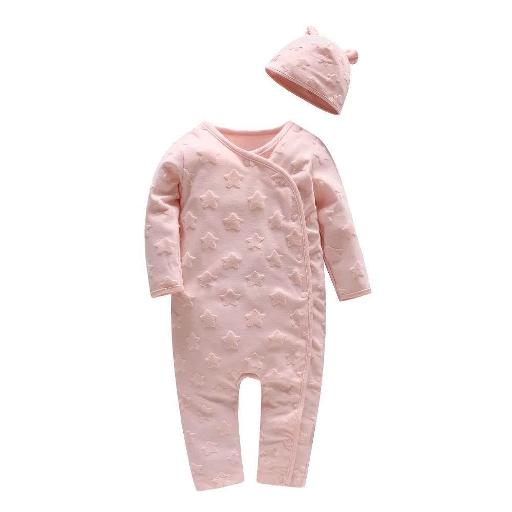 

Picturesque Childhood Beau Loves Star Print Baby Girl Long Sleeve Romper Upscale Velvet Stereo Star with Baby Hat Pink