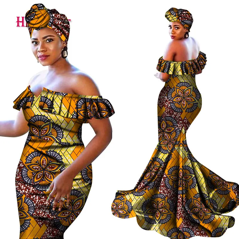 Новые африканские платья Bazin Riche для женщин, сексуальные хлопковые платья с v-образным вырезом и головной убор большого размера, женская одежда Dashiki WY4672
