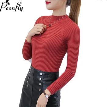 

PEONFLY Korean Fashion Women Sweaters and Pullovers Sueter Mujer Ruffled Sleeve Turtleneck Solid Slim Sexy Elastic Women Tops