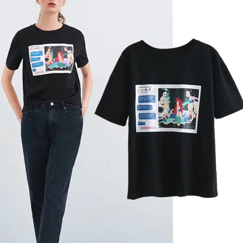 

Summer 2019 Black T Shirt Women Clothes Print Clothes Cartton Mermaid Regular tops Graphic Shirt Cotton Tee Streetwear Plus Size