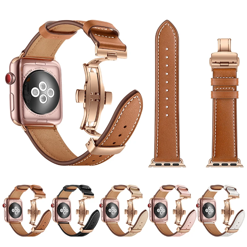 For Apple iWatch Newest Genuine Leather Butterfly Buckle Watch Band Strap For Apple Watch Series 1 2 3 4 38mm 42mm 40mm 44mm