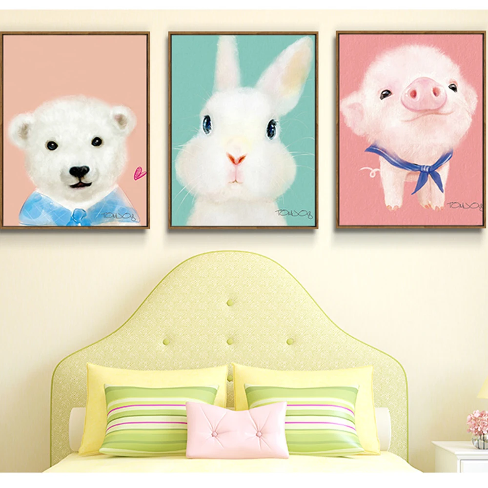 

WANGART Nordic Style Kids Decoration Cartoon Rabbit Pig Beer Animal Canvas Painting Wall Art for Living Room Poster Home JY282