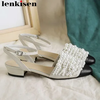 

2019 young girls pearls decoration classic square toe slingback mixed colors buckle strap hollow sandals low heels shoes L35