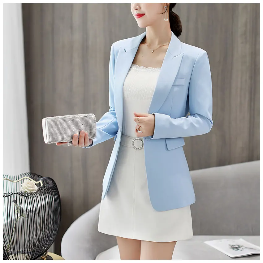 Женский блейзер небесно-голубого цвета, женские блейзеры и куртки,, длинный рукав, Одноцветный, на одной пуговице, для девушек, офисный пиджак, Блейзер, Mujer