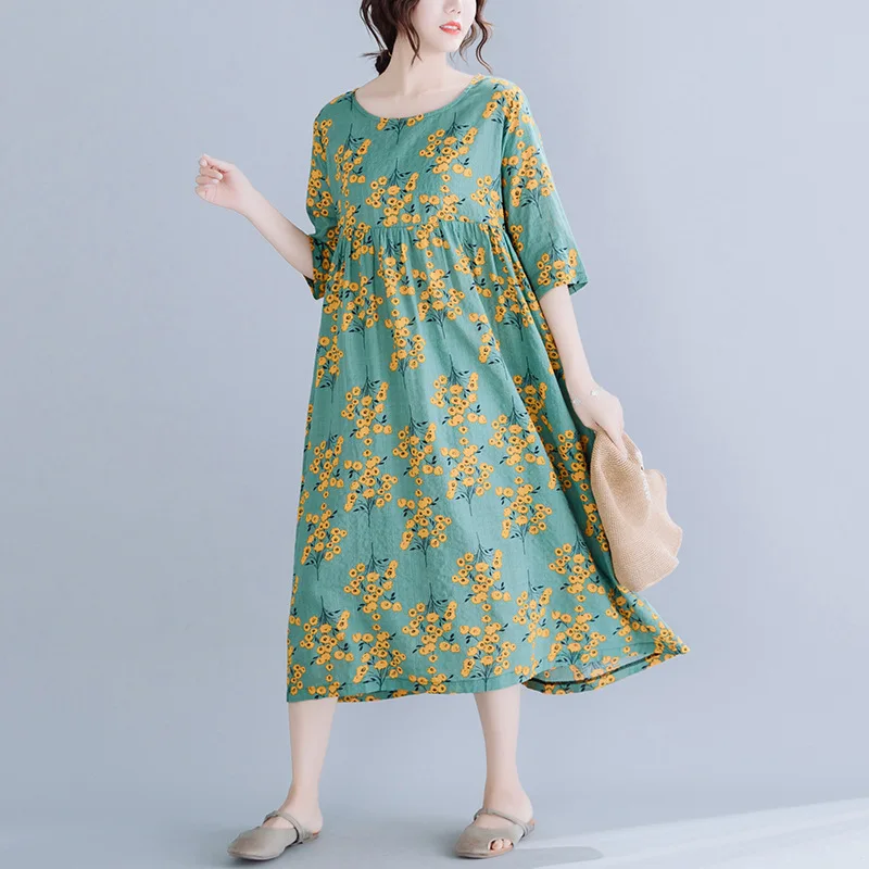 

Johnature 2019 Summer Casual Korean Plus Size Floral Print Loose Women Dresses New O-neck Half Sleeve Vacation Vintage Dress