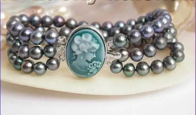 

Wholesale price 16new ^^^^^^^Genuine 3row 8" round black freshwater pearls bracelet j3354
