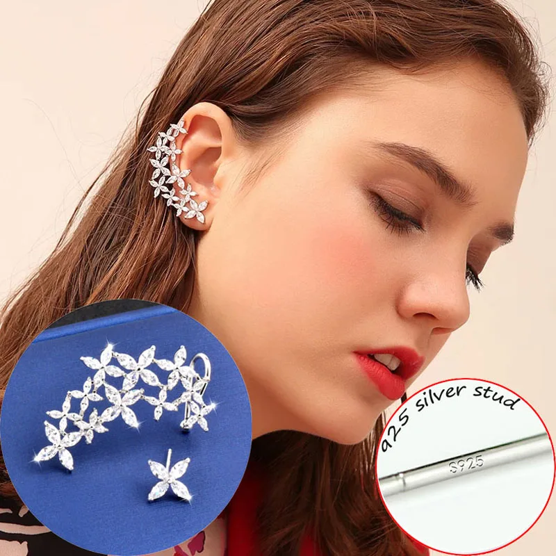 

SINLEERY 2019 New Fashion Asymmetry Ear Bone Crystal Flowers Earrings For Women Party Sexy Accessories ES337 SSG