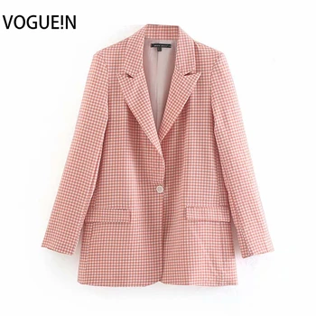

VOGUEIN New Womens Elegant Pink Plaid Check Print One Button Long Sleeve Blazer Suit Wholesale