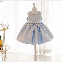 Голубое атласное платье для крещения для малышей свадебное платье принцессы с бусинами и большим бантом для маленьких девочек 1 год, платье на день рождения Детская праздничная одежда