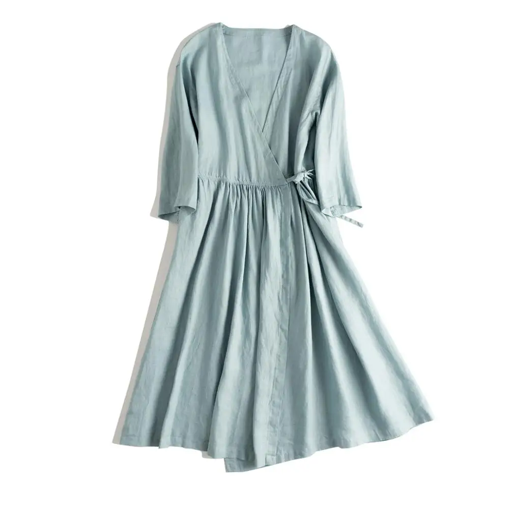 

Summer Women Loose Plus Size Mori Girls Brief Japanese Style Comfortable 14*14 Water Washed Linen V-neck Cardigan Dresses