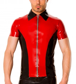 

Red & Black Contrast Latex Shirt Metal Zip Latex T-Shirt
