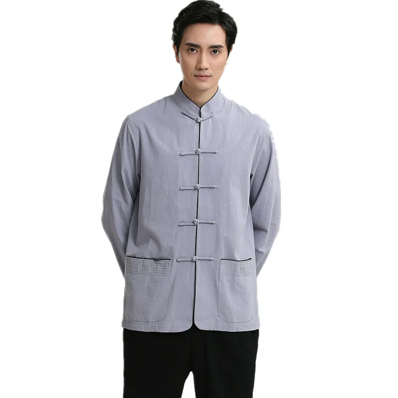 

Vintage Gray Dress Shirts Men Cotton Linen Shirt Chinese Style Kung Fu Tai Chi Shirts Mandarin Collar Tops Plue Size XXXL