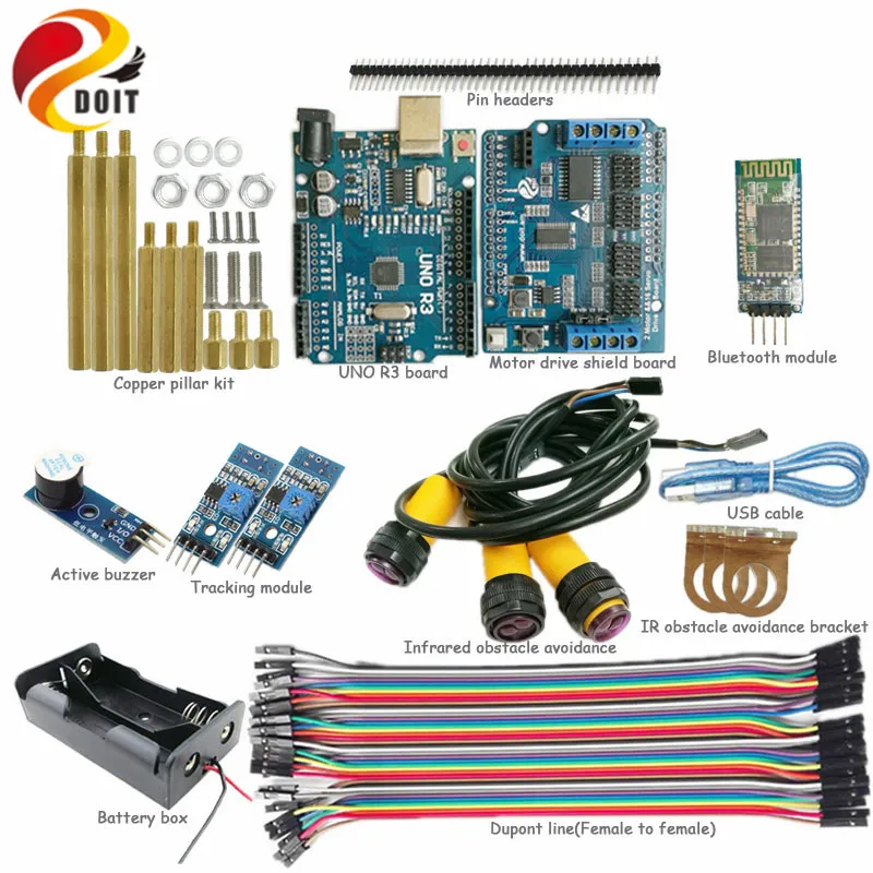 

DOIT Bluetooth Control Tracking Obstacle Avoidanve Kit with Arduino UNO R3 Board+Motor Drive Board+Tracking Module+ IR Obstacle