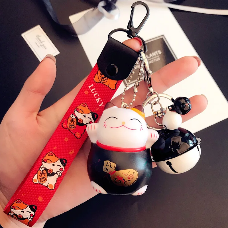 Cartoon Cute Animal Smile Face Lucky Cat Keychain Braid Belt Bells Key Ring Women Car Bag Charm Key Chains Pendant Trinkets Gift