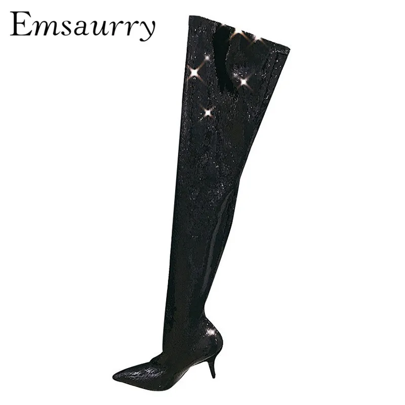 

Bling Sequined Cloth Over The Knee Boots Thin Heels Pointed Toe Black Gold Silver Giltter Fashion Runway Botas Mujer