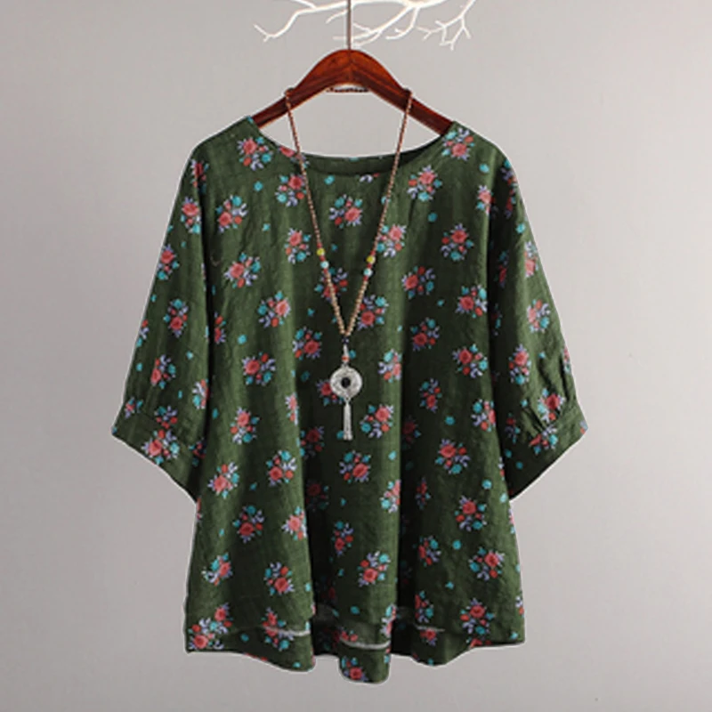 Винтажная женская блузка размера плюс,, ZANZEA, летние топы, Повседневная блуза с цветочным принтом, рабочая блуза, кафтан, рукав-фонарик, туника, Топ - Цвет: Зеленый